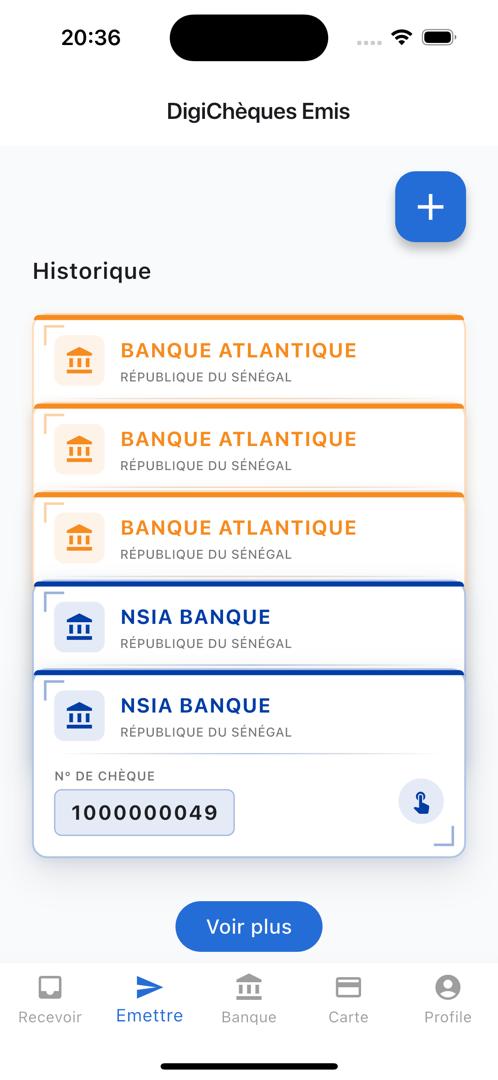 Historique des chèques émis - Interface de suivi avec BANQUE ATLANTIQUE et NSIA BANQUE